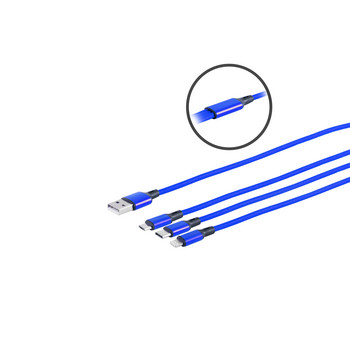 USB-A Ladekabel, 3-fach, Alu, blau, 1,2m