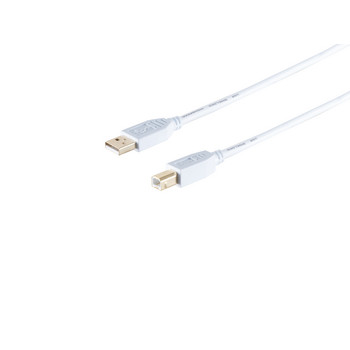 USB-A Adapterkabel, USB-B, 2.0, gold, weiß, 3m